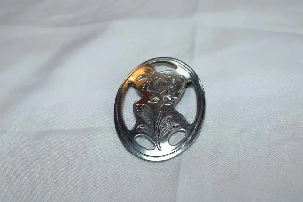 Kirk Stieff Vintage Pewter Floral Etched Openwork Oval Brooch Pin